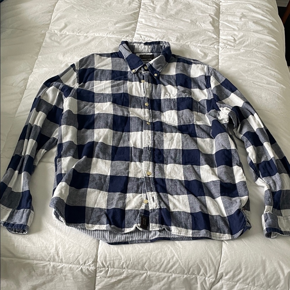 Men's Navy and White Checkered Button-Down Shirt
